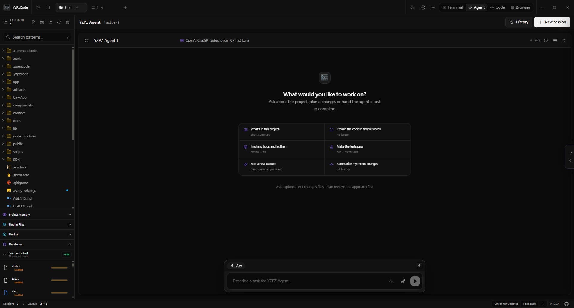 YzPz Agent panel asking what to work on, with suggested tasks