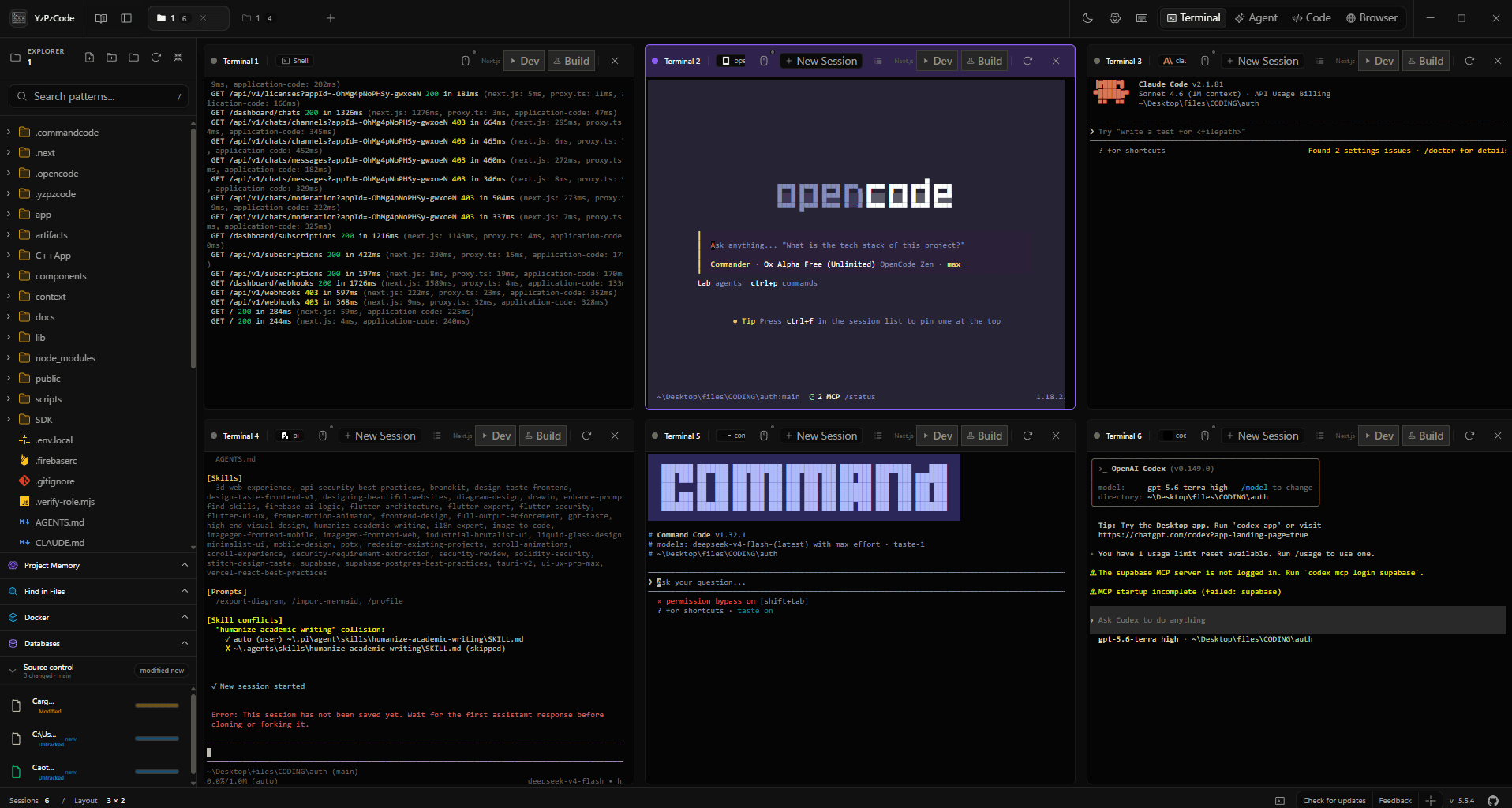 Six live terminal sessions running OpenCode, Claude Code, Codex and Command Code in a grid